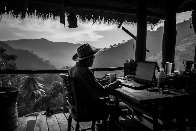 Foto in bianco e nero dell'uomo anziano che utilizza il computer portatile