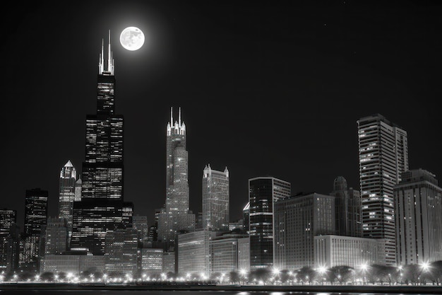 Foto in bianco e nero dello skyline di chicago nello stile di paesaggi realistici