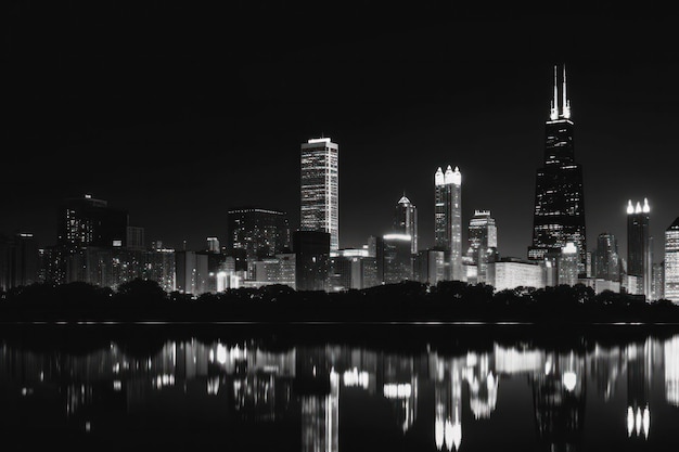 Foto in bianco e nero dello skyline di chicago nello stile di paesaggi realistici