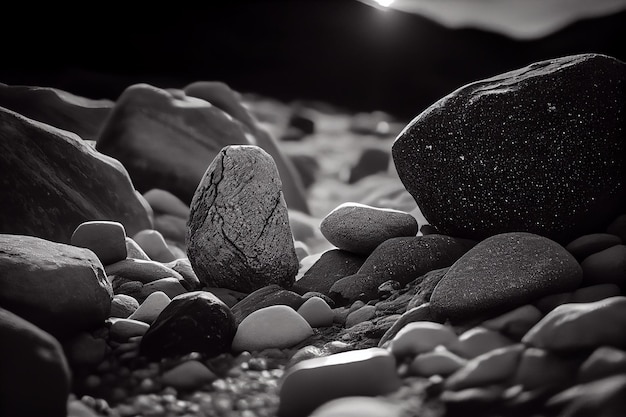 Foto in bianco e nero di ciottoli sulla spiaggia di nottegenerativa ai