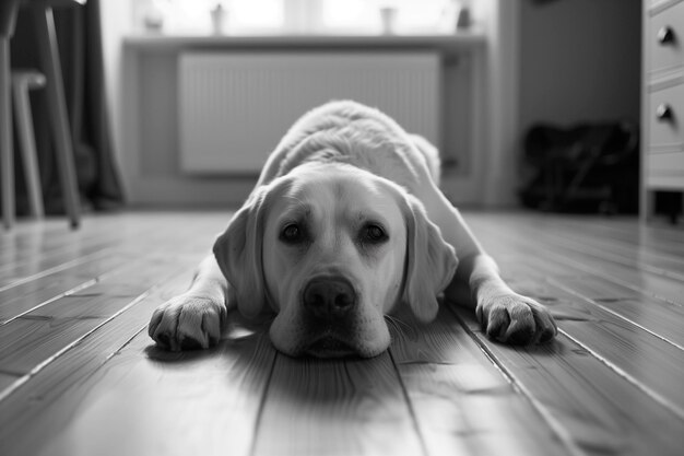 foto in bianco e nero di un cane carino che si riposa a terra
