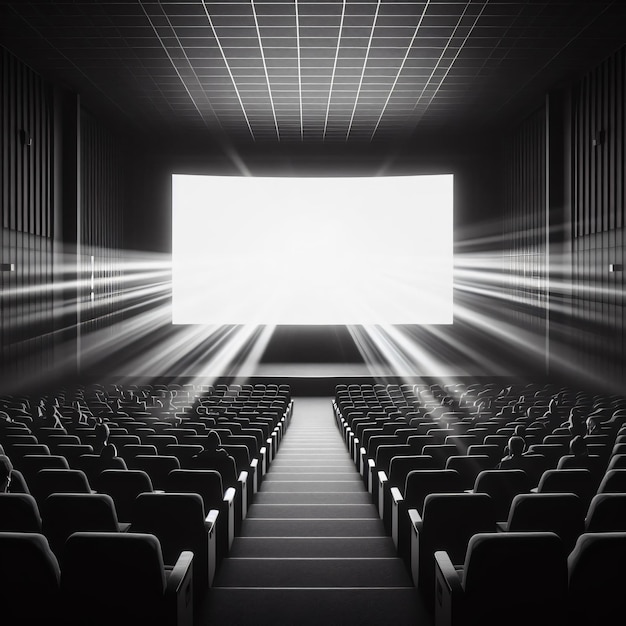 Foto in bianco e nero di un cinema vuoto con file di sedili con persone che guardano lo schermo