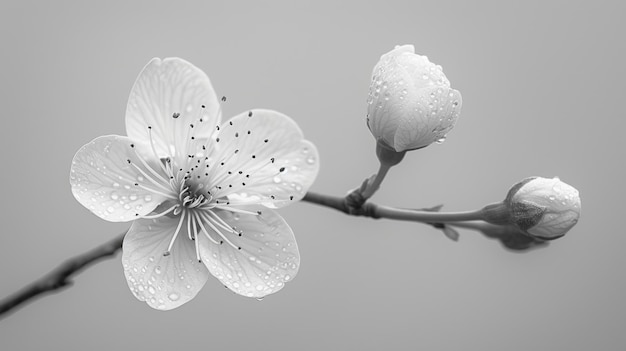 Foto in bianco e nero di un fiore in fiore con gocce d'acqua