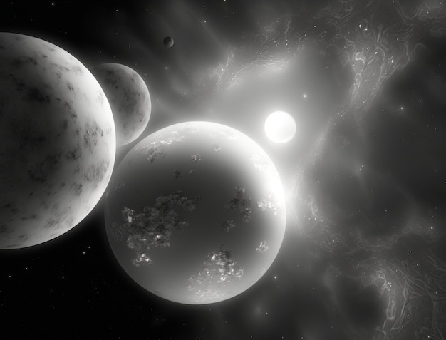 Foto in bianco e nero di un gruppo di pianeti generativi ai