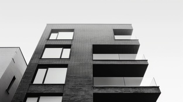 Foto in bianco e nero di un moderno edificio di appartamenti con balconi di vetro