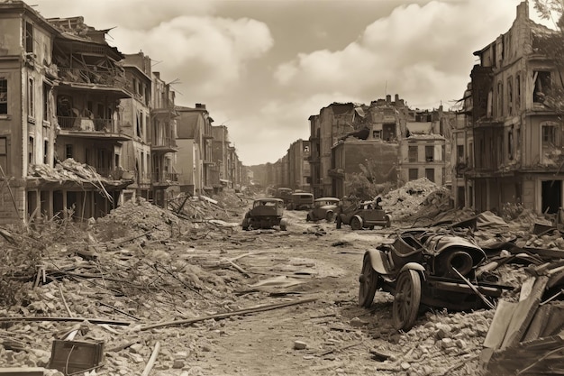 Foto in bianco e nero di una città distrutta con macerie e detriti ovunque IA generativa