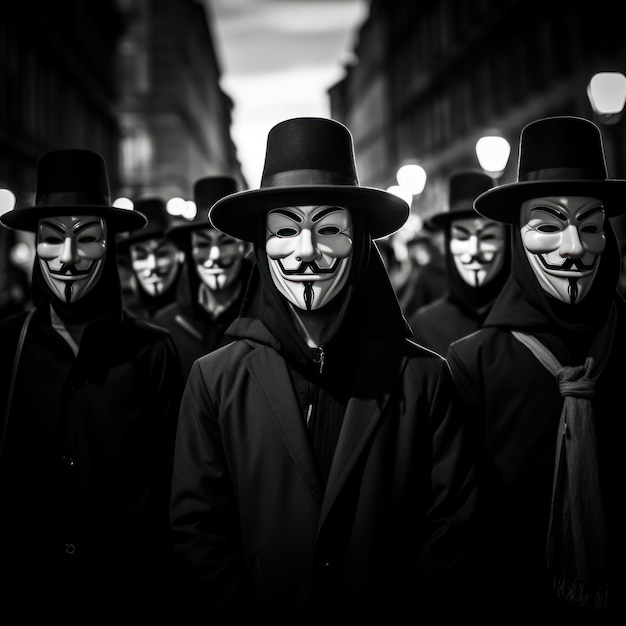 foto in bianco e nero di una folla di persone con maschere e cappelli in una strada della città la notte di Guy Fawkes