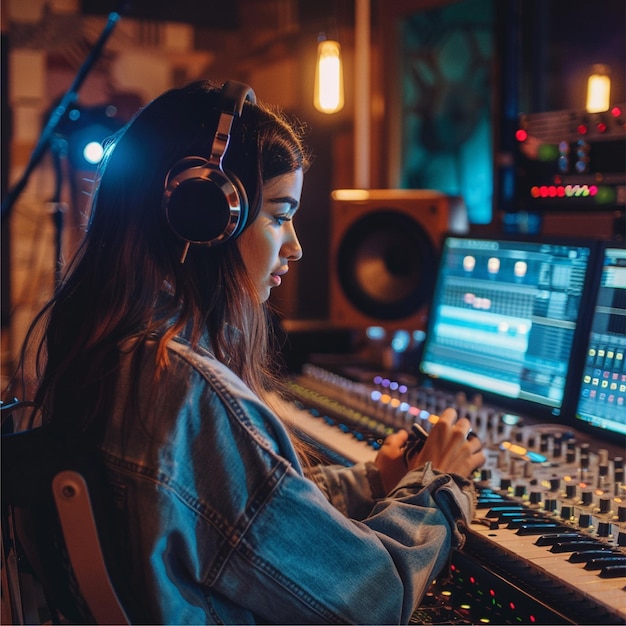 Foto in HD di una produttrice che masterizza una canzone nel suo studio di registrazione