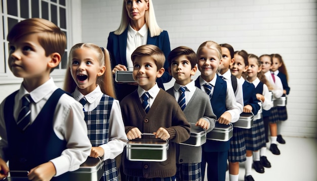 Foto in primo piano di bambini scolastici vestiti in uniformi croccanti che formano animatamente una coda