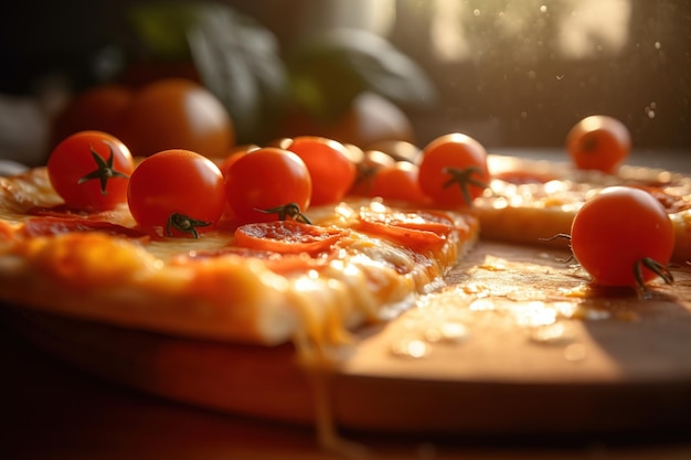 Foto in primo piano di condimenti per pizza italiana su piatto di legno IA generativa