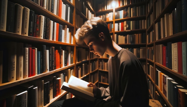 Foto in primo piano di un adolescente profondamente assorto in un libro seduto tra imponenti scaffali di legno pieni di una serie di libri in un ambiente caldo