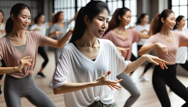 Foto in primo piano di un gruppo di donne in una palestra spaziosa e ben illuminata, profondamente impegnate in una sequenza di danza coordinata