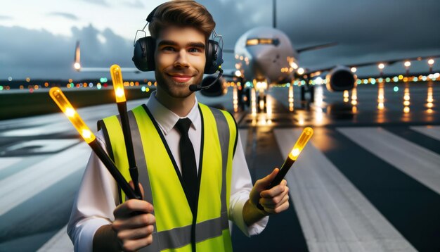 Foto in primo piano di un personale di terra dell'aeroporto di sesso maschile di origine caucasica che indossa un giubbotto ad alta visibilità e cuffie che segnalano con bastoni illuminati