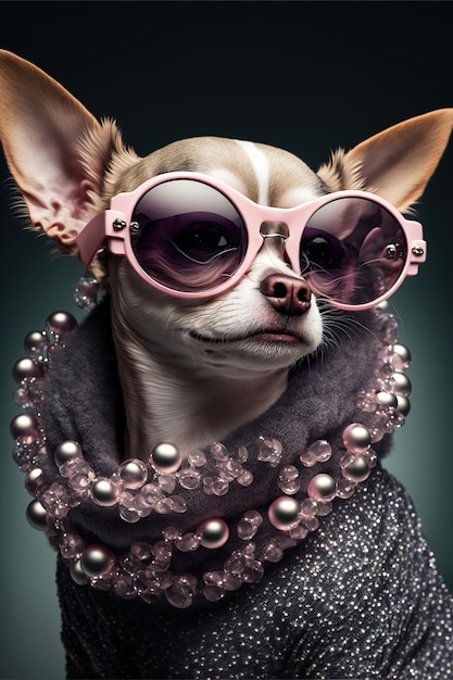 foto in primo piano di un simpatico cane sorridente che indossa occhiali e abiti glamour IA generativa