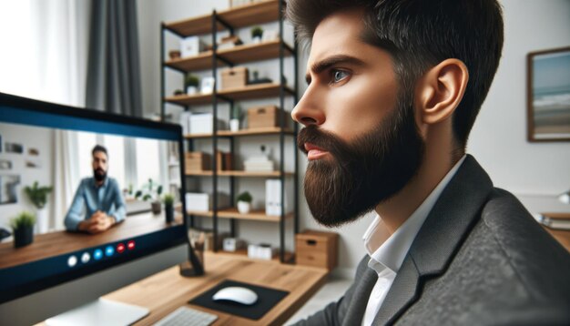 Foto in primo piano di un uomo con la barba che ascolta attentamente durante una chiamata virtuale