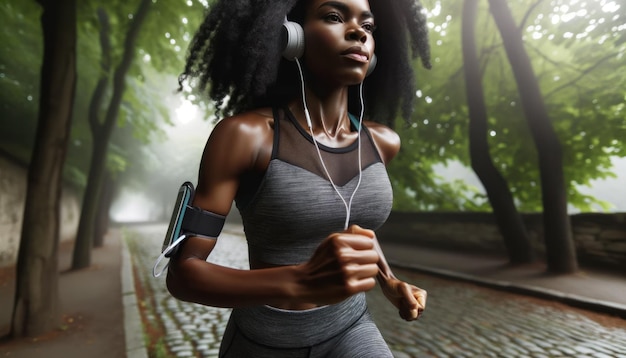 Foto in primo piano di una donna africana motivata vestita con attrezzature da corsa e cuffie che si fa strada lungo un sereno sentiero di foglie nel parco