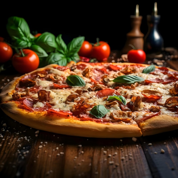 Foto in primo piano di una gustosa pizza con pomodori sul tavolo del ristorante Alta qualità