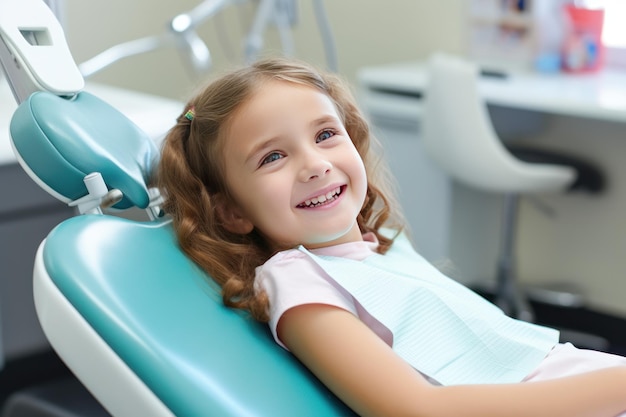 Foto in primo piano di una sorridente e felice ragazzina caucasica seduta su una sedia in un ufficio dentistico che aspetta il dentista per una procedura orale