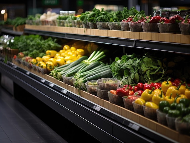 Foto in primo piano di uno scaffale di verdure fresche in un supermercato dai colori vivaci e dalla luce delle lampadine IA generativa
