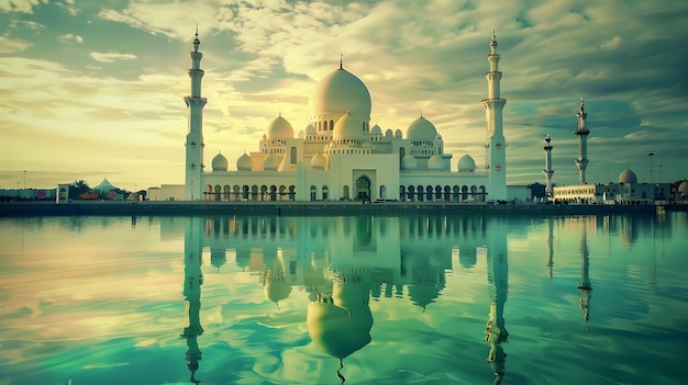 Foto in stile retro della moschea dello sceicco Rafiq ad Abu Dhabi sull'acqua