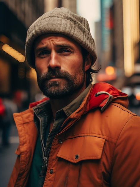 foto in stile retrò di strada di un uomo a New York City, primo piano uomo di viaggio con viaggio paesaggistico