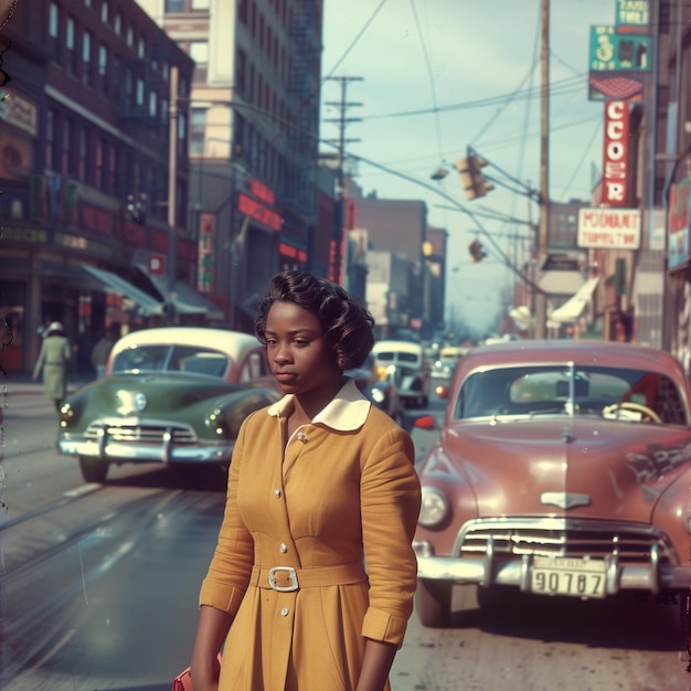 Foto in stile retro di una giovane donna afroamericana che cammina