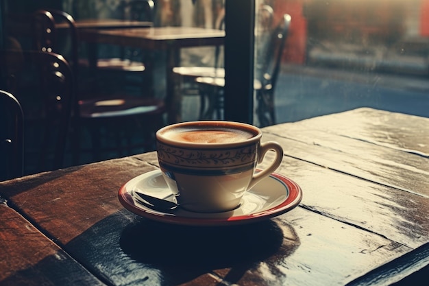 Foto in stile vintage di una tazza di caffè in una caffetteria