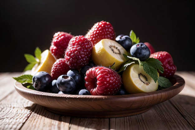 Foto in studio del cesto con bacche e frutta sul tavolo