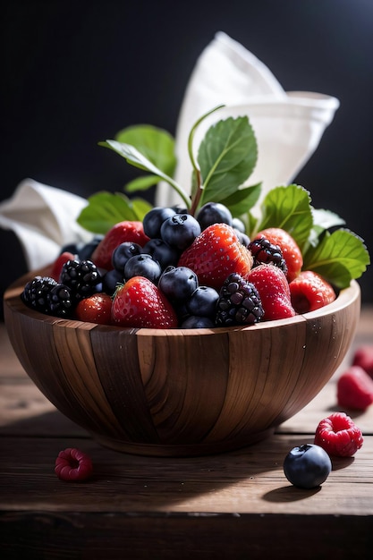 Foto in studio del cesto con bacche e frutta sul tavolo