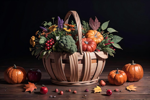 Foto in studio del cesto con verdure del raccolto autunnale