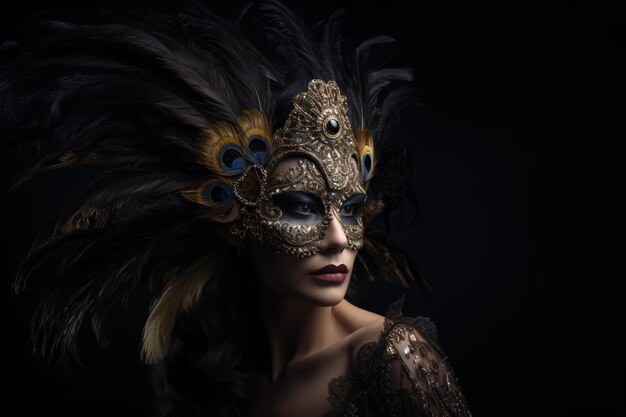 Foto in studio di moda di una bella donna che indossa un'elegante maschera di carnevale su uno sfondo nero