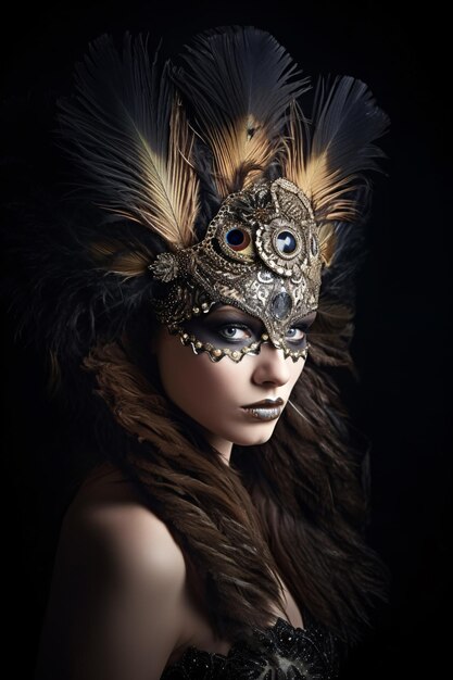 Foto in studio di moda di una bella donna che indossa un'elegante maschera di carnevale su uno sfondo scuro