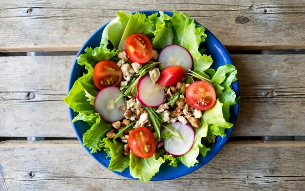 Foto in studio di un'insalata su un tavolo di legno