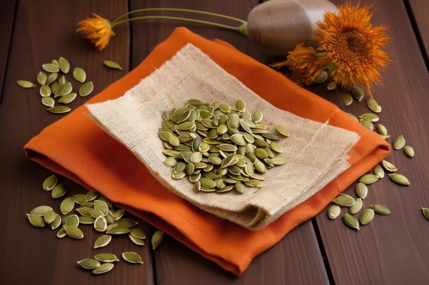 Foto in studio di un tovagliolo fatto di grano e decorato con semi di zucca creati con AI generativa