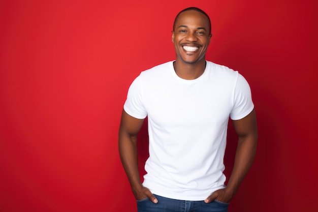 Foto in studio di un uomo afroamericano sorridente con una maglietta bianca sullo sfondo rosso