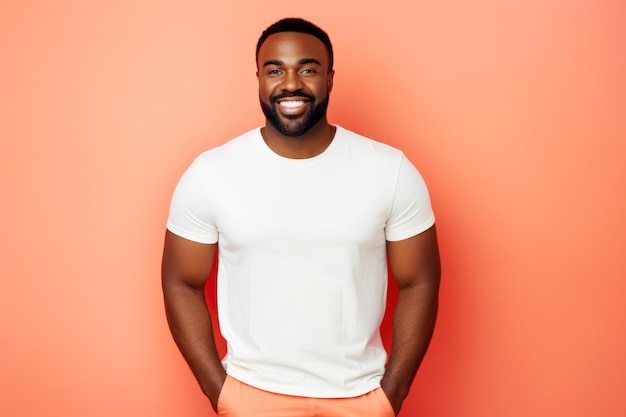 Foto in studio di un uomo afroamericano sorridente con una maglietta bianca sullo sfondo