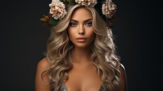 foto in studio di una bella giovane donna che indossa un cappello di fiori