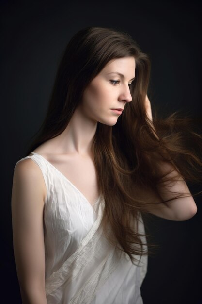 Foto in studio di una donna con i lunghi capelli castani che indossa un elegante vestito bianco
