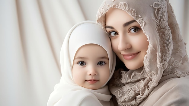 Foto in studio di una madre persiana con sua figlia in hijab con spazio di copia per Ramadan Generative AI