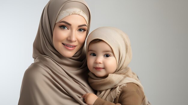 Foto in studio di una madre persiana con sua figlia in hijab con spazio di copia per Ramadan Generative AI