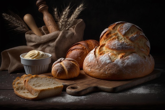 Foto in studio per la cottura di pane e farina di prodotti sfondo nero scuro IA generativa