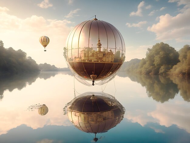 foto incredibile palloncino steampunk che galleggia sopra la superficie dell'acqua AI generativa