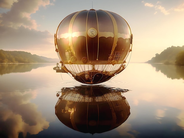 foto incredibile palloncino steampunk che galleggia sopra la superficie dell'acqua AI generativa