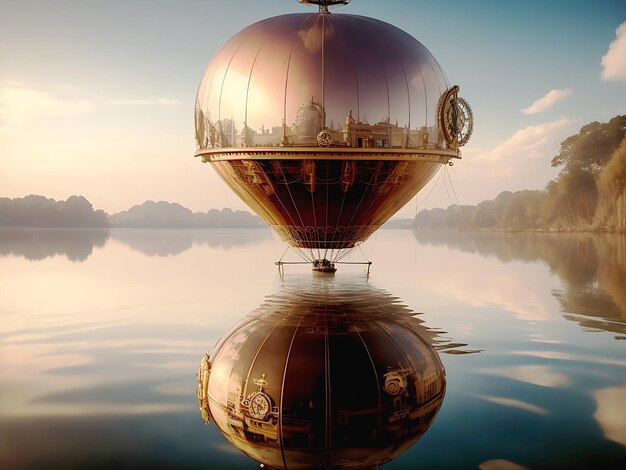 foto incredibile palloncino steampunk che galleggia sopra la superficie dell'acqua AI generativa