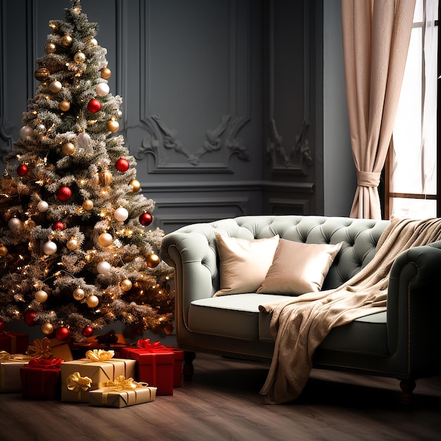 Foto interno del soggiorno di Natale con divano vintage e albero di Natale generato da AI