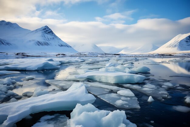 Foto invernale dal fascino artico, acque ghiacciate e cime innevate