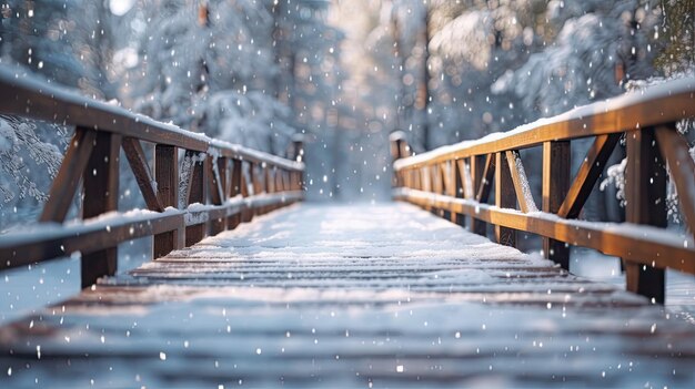 Foto inverno ponte di legno con sfondo bosco innevato