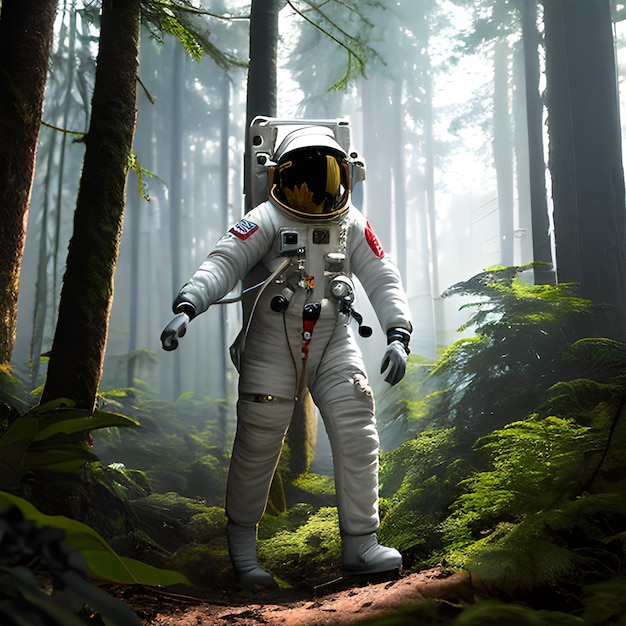 Foto iperrealistica di un astronauta nella foresta