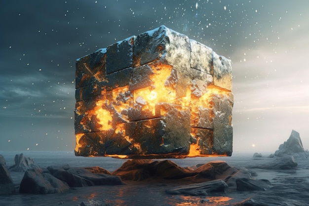 foto iperrealistica di un cubo che sembra una roccia ed è un pezzo di ghiaccio e rocce AI generativa