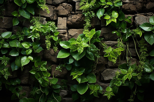 Foto iperrealistica di un muro di mattoni con piante verdi